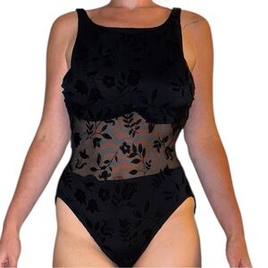 Vintage Adrienne Vitadini Black Floral Mesh Swim